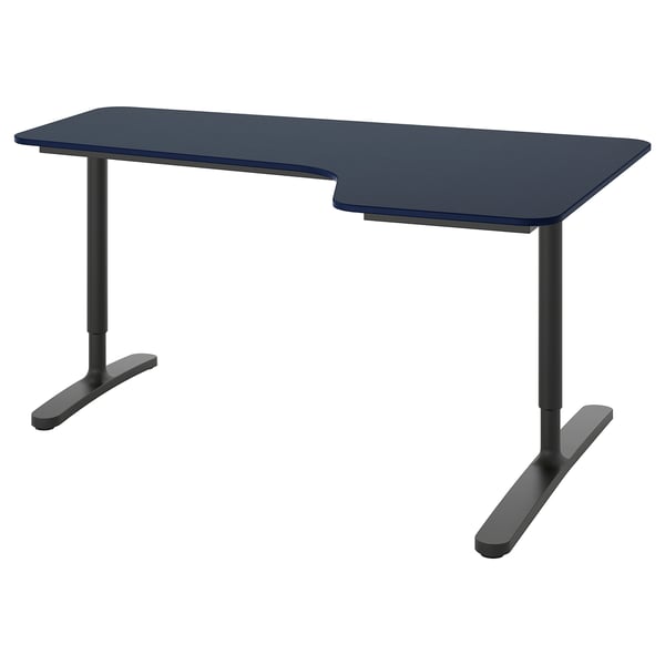 BEKANT Corner desk right, linoleum blue/black, 160x110 cm