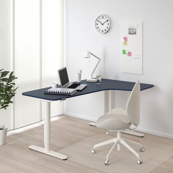 BEKANT Corner desk right sit/stand, linoleum blue/white, 160x110 cm