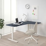 BEKANT Corner desk right sit/stand, linoleum blue/white, 160x110 cm