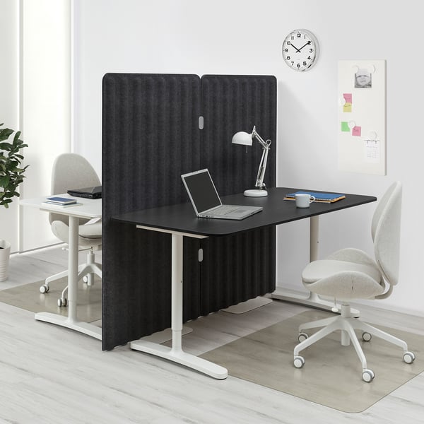 BEKANT Desk with screen, white/black stained ash veneer, 160x160 150 cm