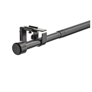A BEKRÄFTA curtain rod set, black, with a sleek, modern design featuring metal materials and plastic accents, ideal for mid-century modern decor.