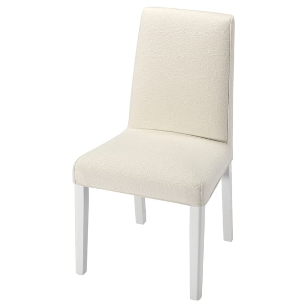 BERGMUND chair in beige with removable cover, light wood legs, curved seat, back support.
