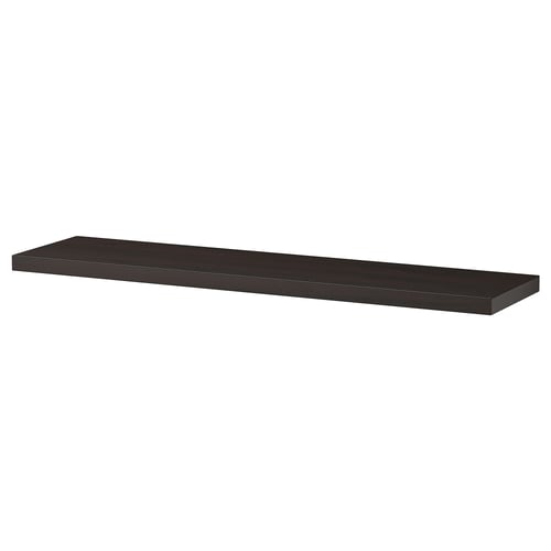 Flat, rectangular shelf in dark brown-black with bevelled edge, made from particleboard and plastic edging.