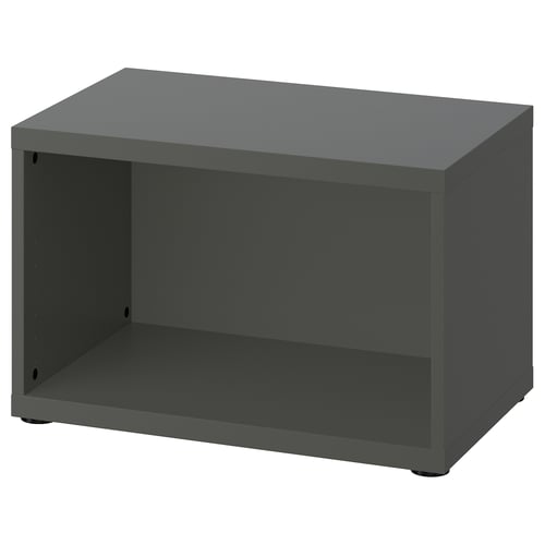 Ikea BESTÅ gray storage unit, rectangular, open shelves.