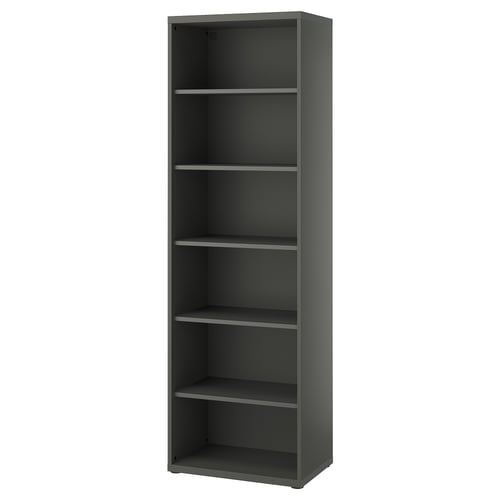 An ikea BESTÅ dark gray bookshelf with five open shelves.