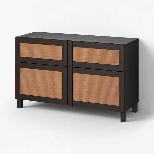 BESTÅ Storage combination w doors/drawers, black-brown Studsviken/Stubbarp/dark brown woven poplar, 120x42x74 cm