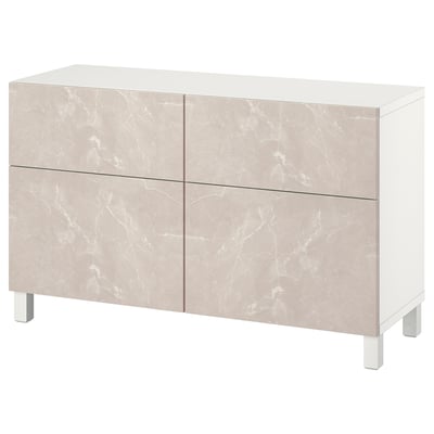 BESTÅ Storage combination w doors/drawers, white Bergsviken/Stubbarp/beige marble effect, 120x42x74 cm