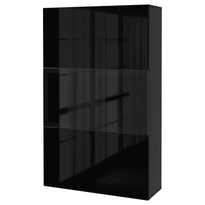 BESTÅ Storage combination w glass doors, black-brown/Selsviken high-gloss/black smoked glass, 120x42x193 cm