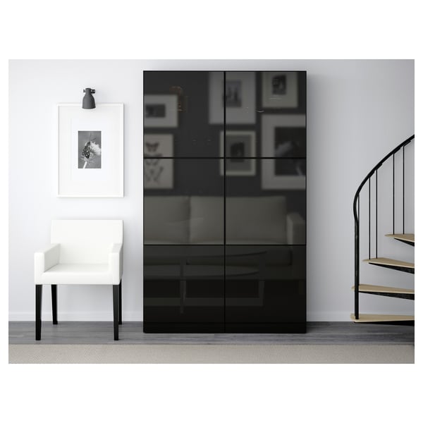 BESTÅ Storage combination w glass doors, black-brown/Selsviken high-gloss/black smoked glass, 120x40x192 cm
