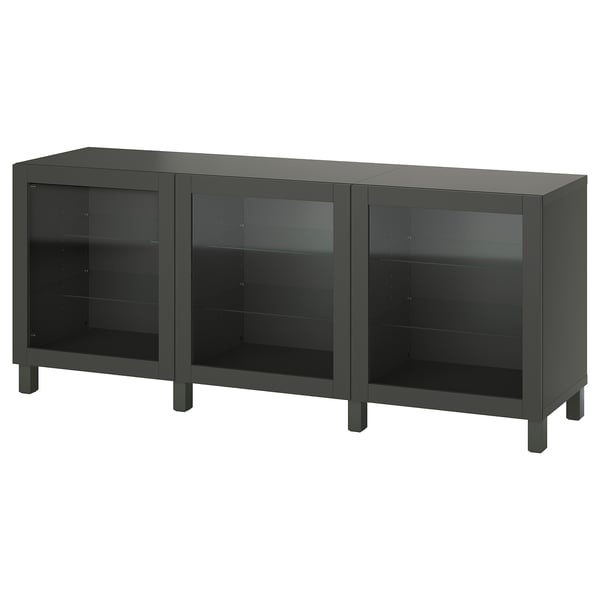 Black BESTÅ storage unit, rectangular, three closed glass sections, modern minimalist design.