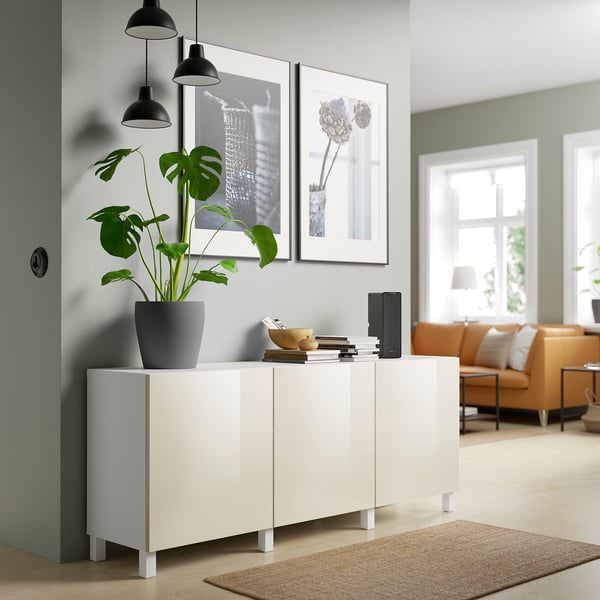 BESTÅ Storage combination with doors, white/Selsviken/Stubbarp high-gloss/beige, 180x42x74 cm