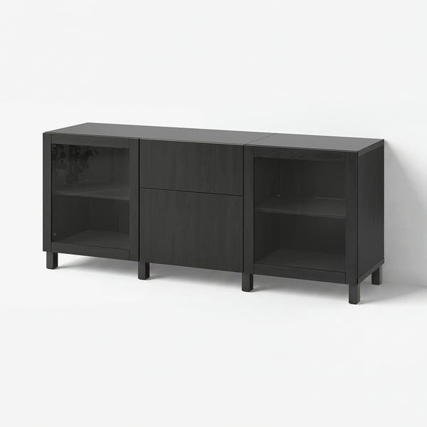 BESTÅ Storage combination with drawers, black-brown Lappviken/Sindvik/Stubbarp black-brown clear glass, 180x42x74 cm