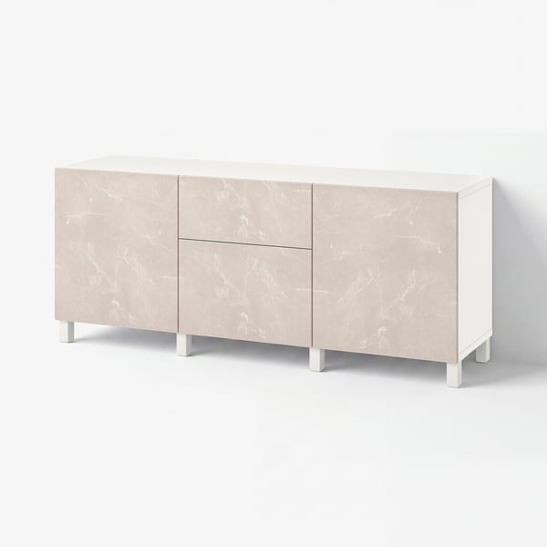 BESTÅ Storage combination with drawers, white Bergsviken/Stubbarp/beige marble effect, 180x42x74 cm
