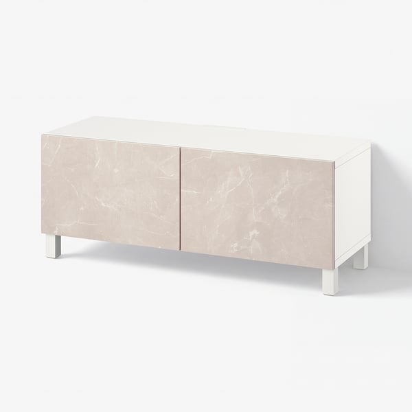 BESTÅ TV bench with doors, white Bergsviken/Stubbarp/beige, 120x42x48 cm
