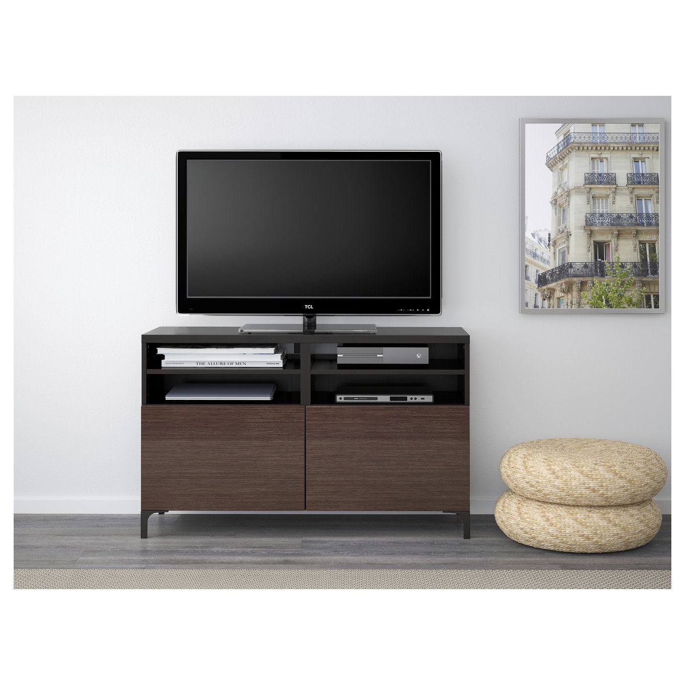 BESTÅ TV bench with doors - black-brown, Selsviken/Nannarp Selsviken