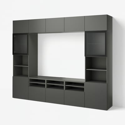 BESTÅ TV storage combination/glass doors, dark grey Lappviken/Fällsvik anthracite, 300x42x231 cm