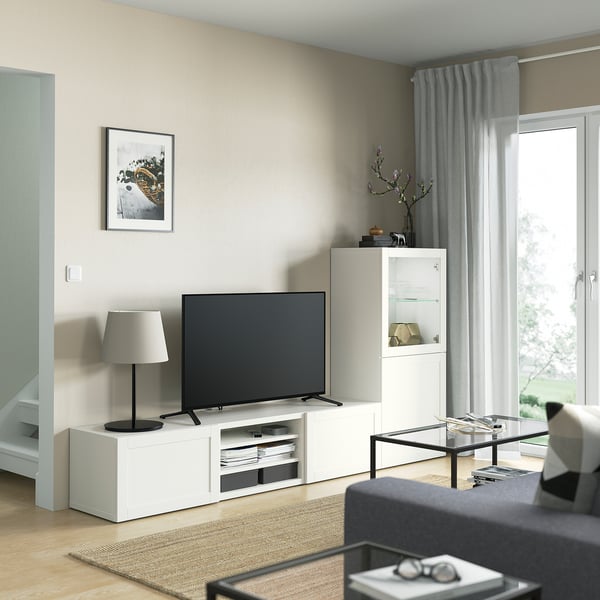 BESTÅ TV storage combination/glass doors, Hanviken white clear glass, 240x42x129 cm