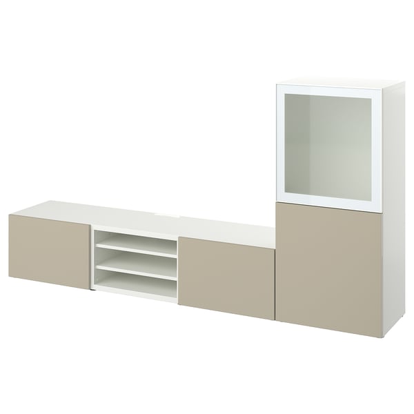 BESTÅ TV storage combination/glass doors, white/Selsviken high-gloss/beige clear glass, 240x42x129 cm