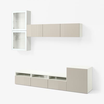 BESTÅ TV storage combination/glass doors, white/Selsviken high-gloss/beige clear glass, 300x42x211 cm