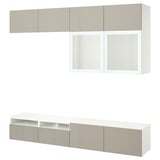 BESTÅ TV storage combination/glass doors, white/Selsviken high-gloss/beige frosted glass, 240x42x231 cm