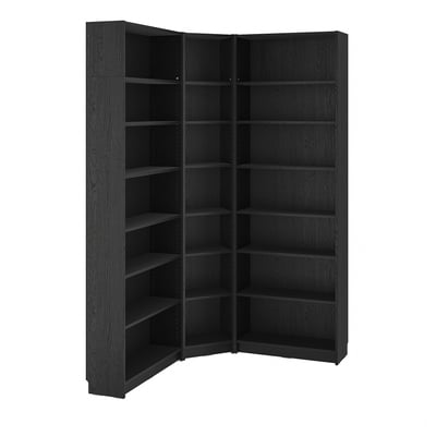 BILLY Bookcase corner comb w ext units, black oak effect, 136/136x28x237 cm