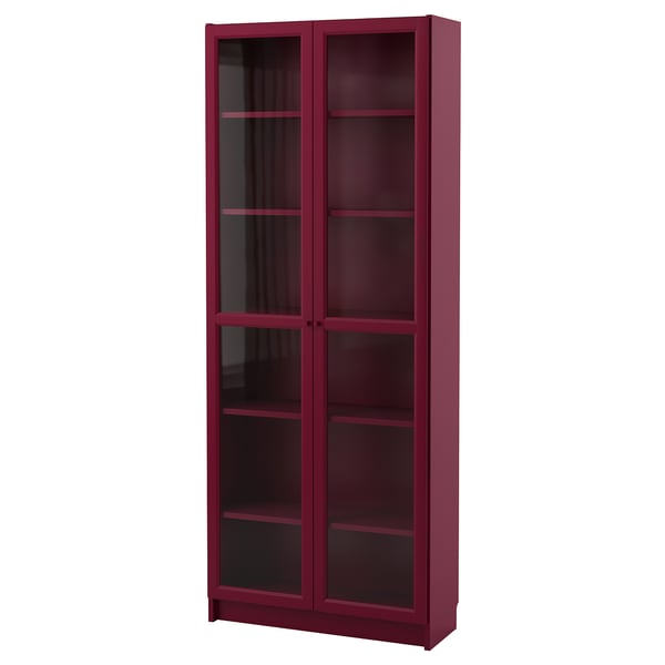 BILLY Bookcase with glass-doors, dark red, 80x30x202 cm