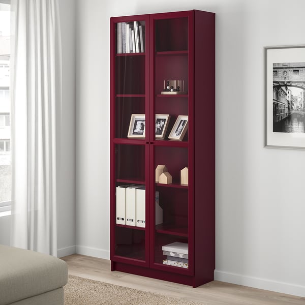 BILLY Bookcase with glass-doors, dark red, 80x30x202 cm