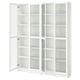 White BILLY bookcase with glass doors, clean design, adjustable shelves.