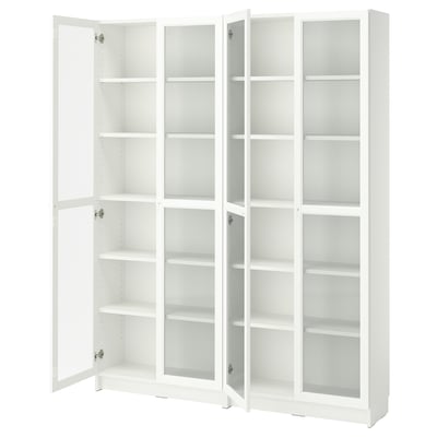 White BILLY bookcase with glass doors, clean design, adjustable shelves.