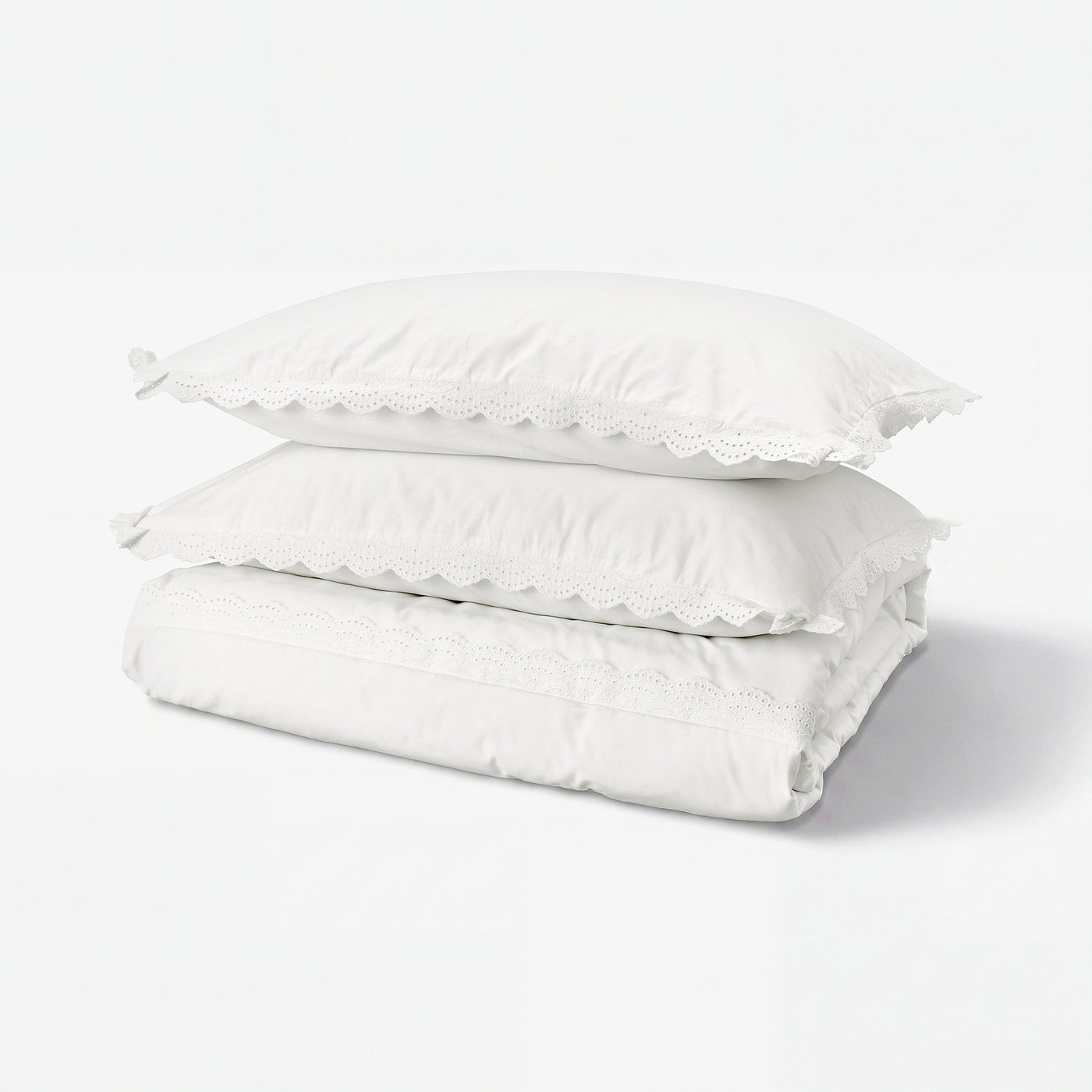 Stacked white lace-trimmed cotton bedding: duvet cover & pillowcases.