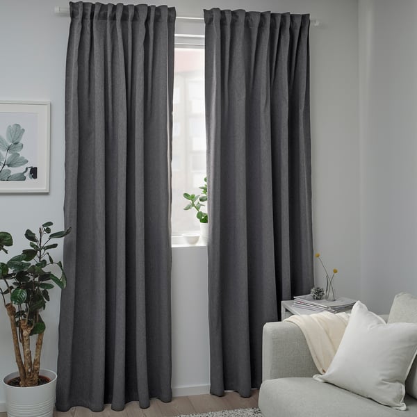 BLÅHUVA Block-out curtains, 1 pair, dark grey, 145x250 cm