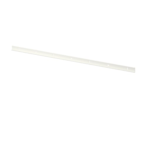 This image shows a white BOAXEL mounting rail for wall uprights, made of galvanised steel, with a straight shape and simple design.