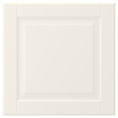 An off-white, square BODBYN cabinet door with bevelled edges. Its made of fibreboard with a smooth polyurethane and acrylic paint finish.