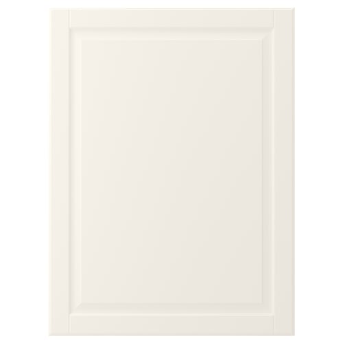 A white cabinet door with classic, bevelled design. Its made from fiberboard with a smooth, lacquered finish.