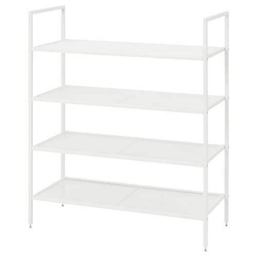 White BOJTEN 4-tier shoe rack, steel frame, space-efficient design.