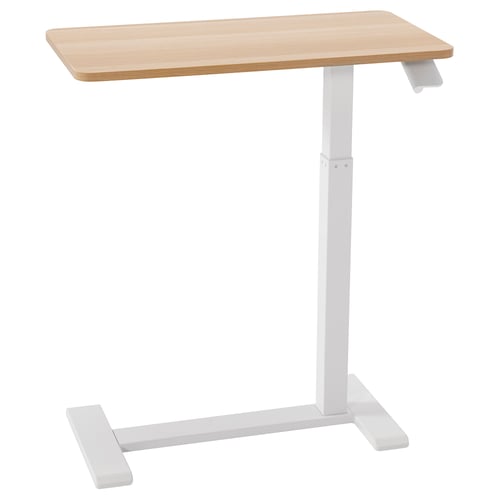 Modern adjustable desk, BOLLSIDAN, white legs, light wooden top, minimalist design, easy-move castors, height adjustable.