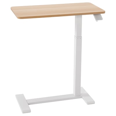 Modern adjustable desk, BOLLSIDAN, white legs, light wooden top, minimalist design, easy-move castors, height adjustable.