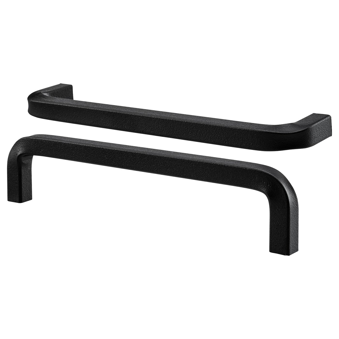 Two black metal handles, slightly curved, textured finish, forged from solid iron. Used for cabinet or drawer pulls.
