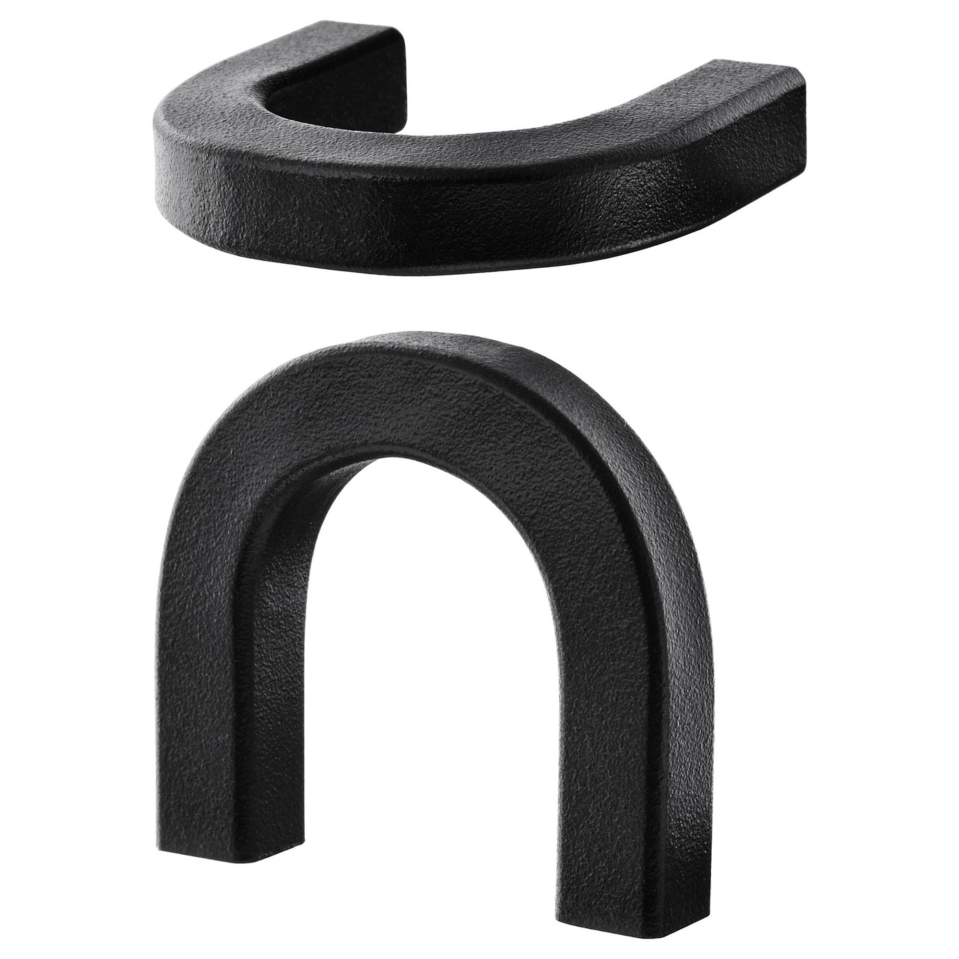 Black, rustic iron handles, forged, textured, u-shape.