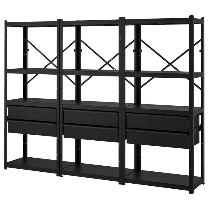 BROR shelving unit with drawers/shelves, black, 254x40x190 cm IKEA