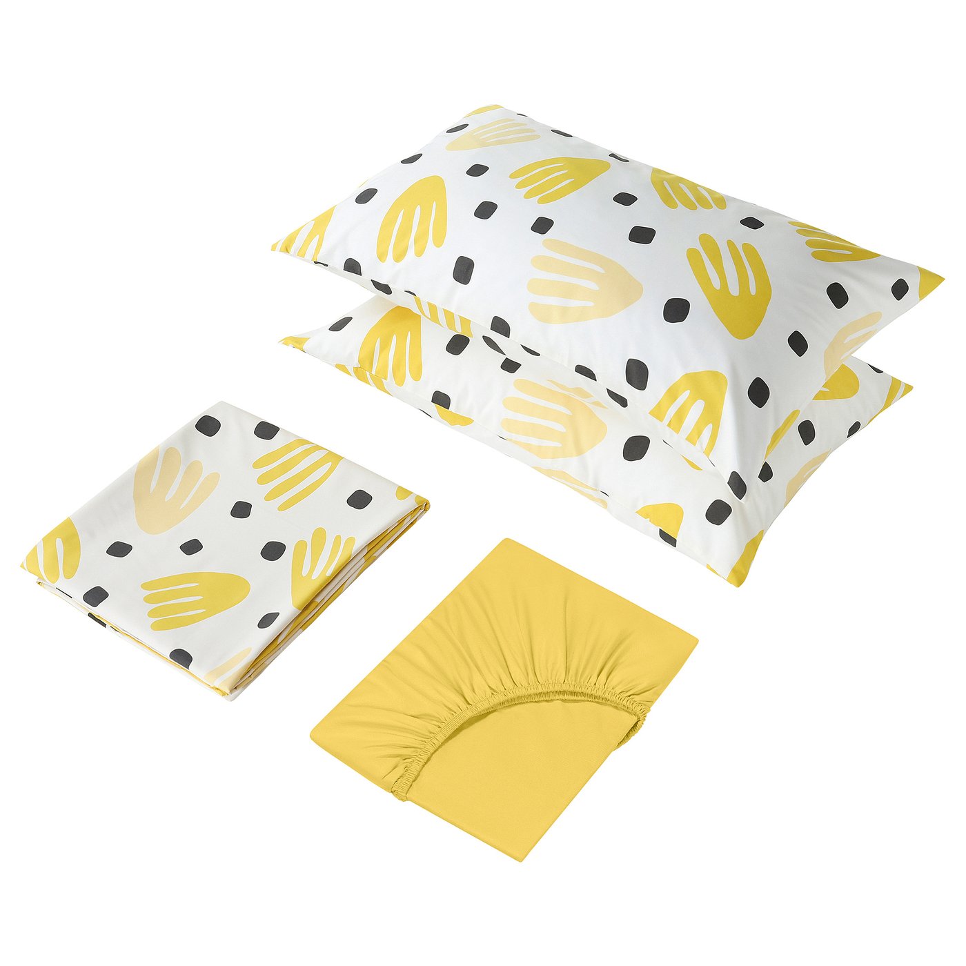 Three yellow and white patterned bed linens: two pillowcases and a fitted sheet, neatly folded. Abstract handprints and dots.