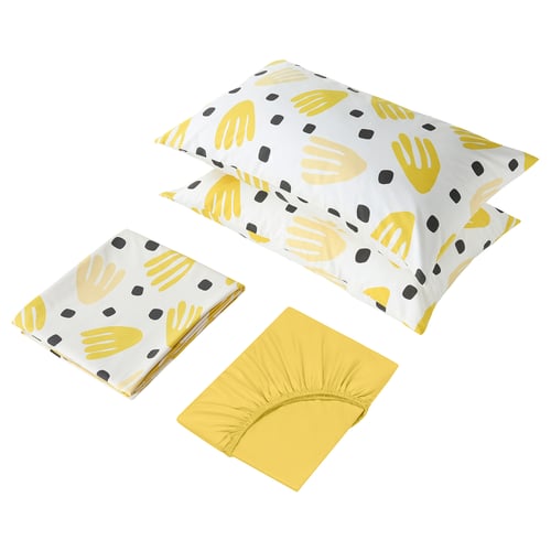 Three-piece bedding set: fitted sheet, pillowcases with hand prints, and flat sheet in white and yellow.