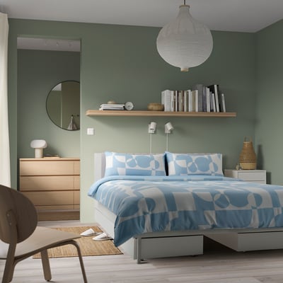 BRUKSVARA Bed frame with 3 storage boxes, white, 180x200 cm