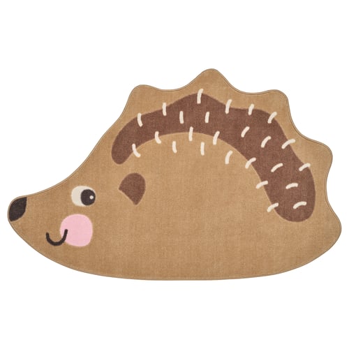 Brown hedgehog rug for playrooms. Friendly face, polyester, rubber backing.