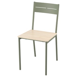 The BUSLÄTT chair in green has a wooden seat and metal frame with a sleek design.