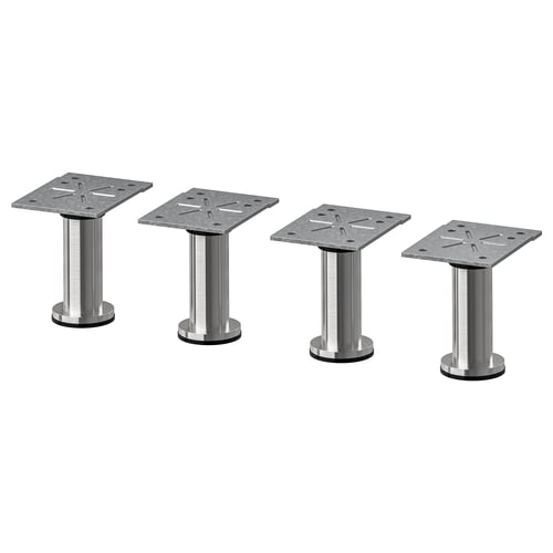 Four metallic table legs, grey stainless steel, cylindrical with adjustable height, attached to rectangular galvanised steel plates with screws.