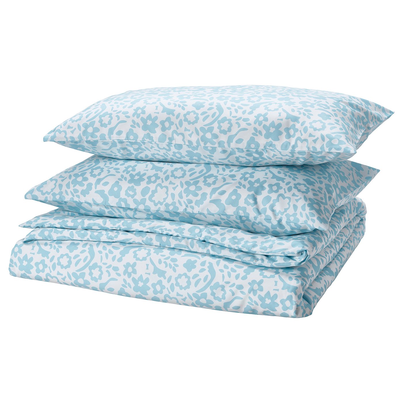 CYMBALBLOMMA bedding set, light blue floral pattern on white, rectangular pillows and folded duvet.