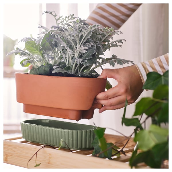 DAKSJUS Self-watering plant pot, terracotta/green, 27x13 cm