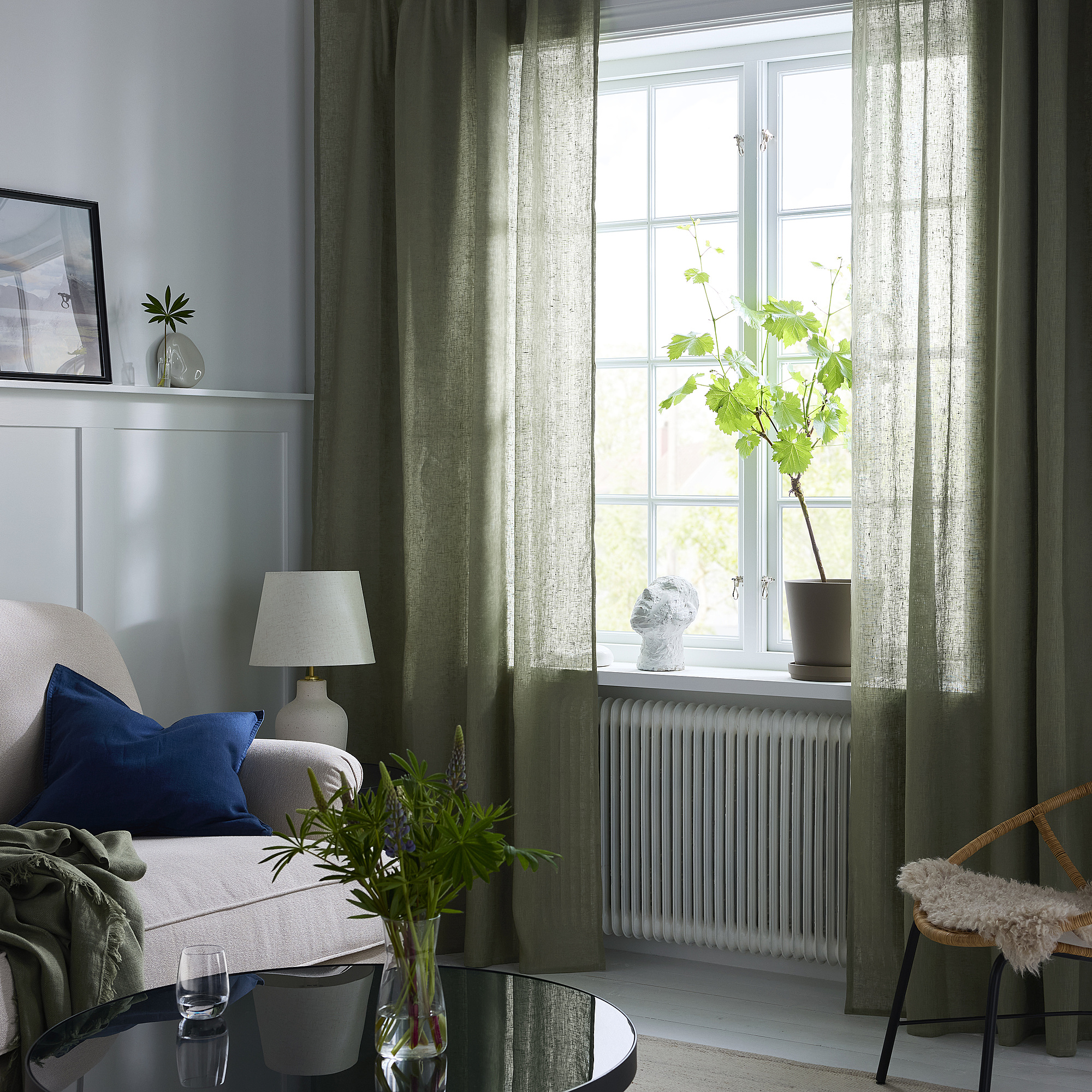 DYTÅG Curtains, 1 pair, grey-green/with heading tape, 145x250 cm