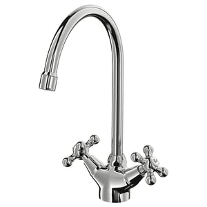 This image shows a chrome EDSVIK tap with a curved spout and cross handles. Its made of chrome-plated brass.